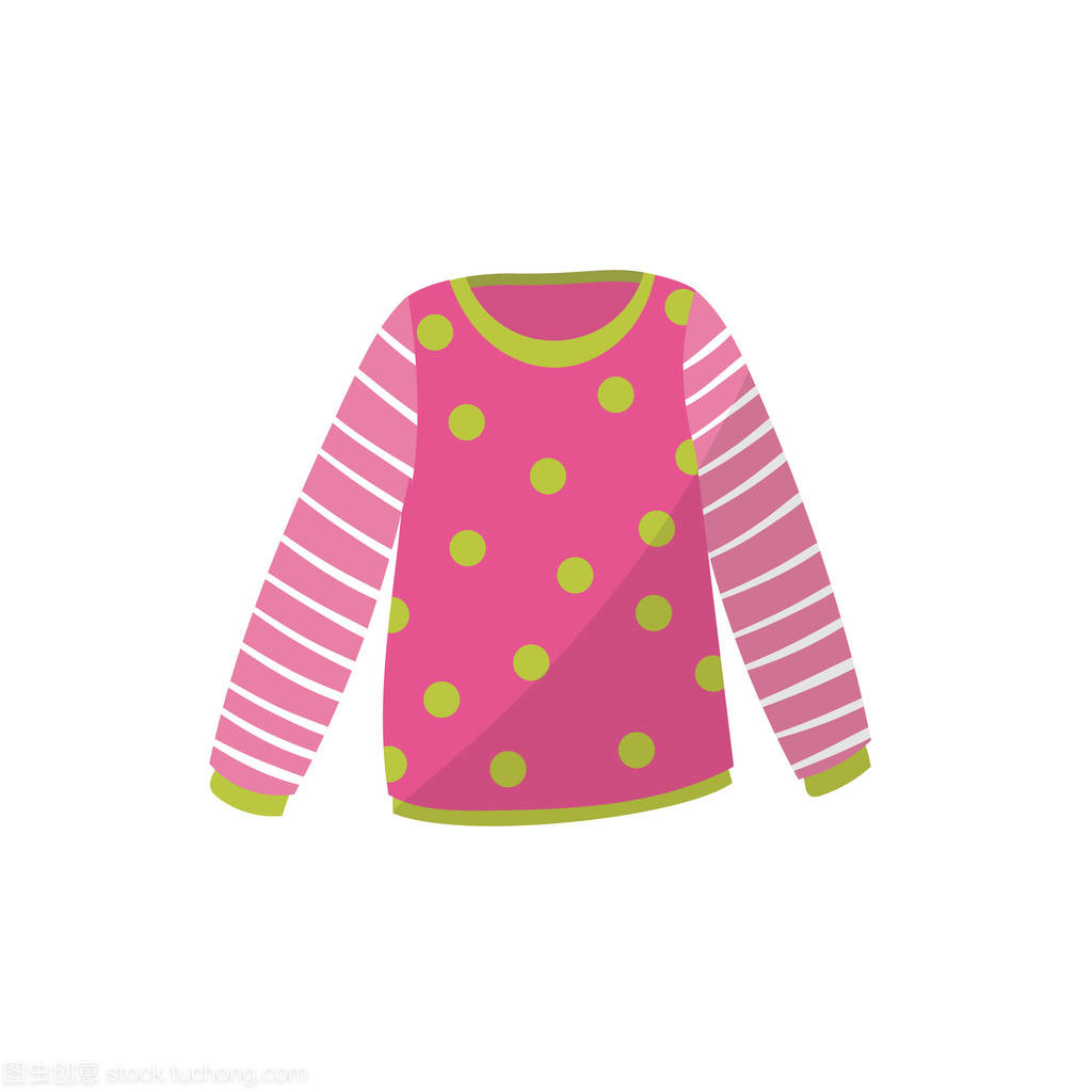 粉红色的婴儿毛衣绿色圆点。可爱的带条纹袖子的保暖套衫。儿童服装。女孩的衣服。儿童服装。卡通平面矢量设计